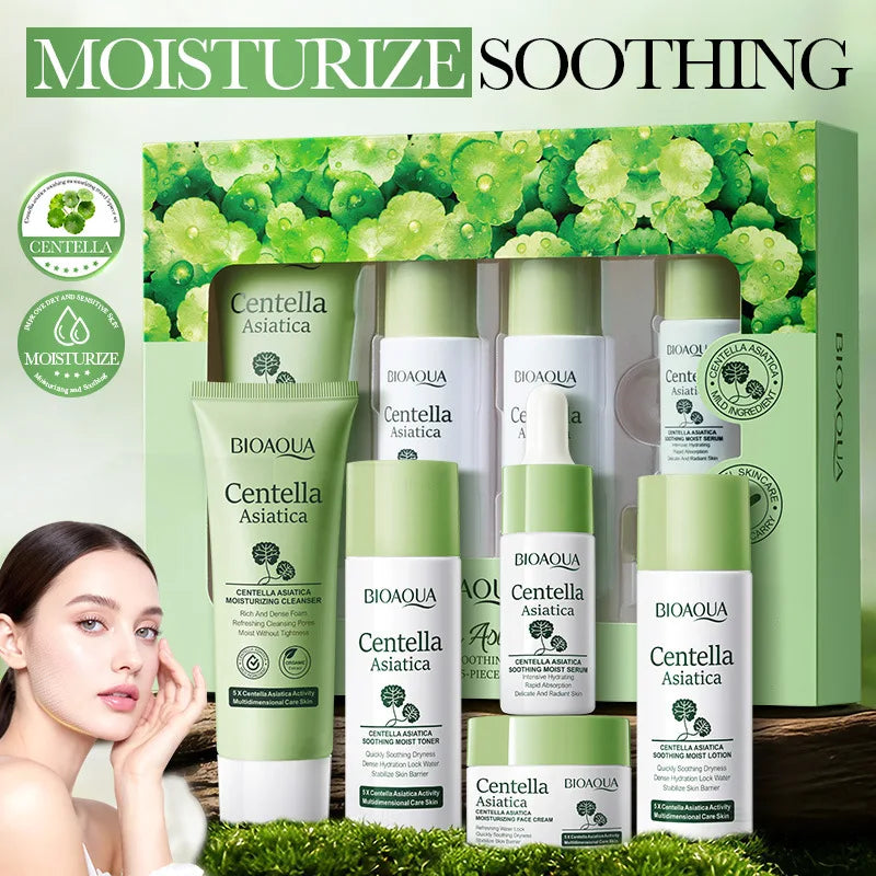 Juego de 5 Piezas BIOAQUA Centella Asiatica para el Cuidado de la Piel, Limpiador Facial Hidratante, Crema Facial, Suero Antienvejecimiento, Kit de Cuidado Facial
